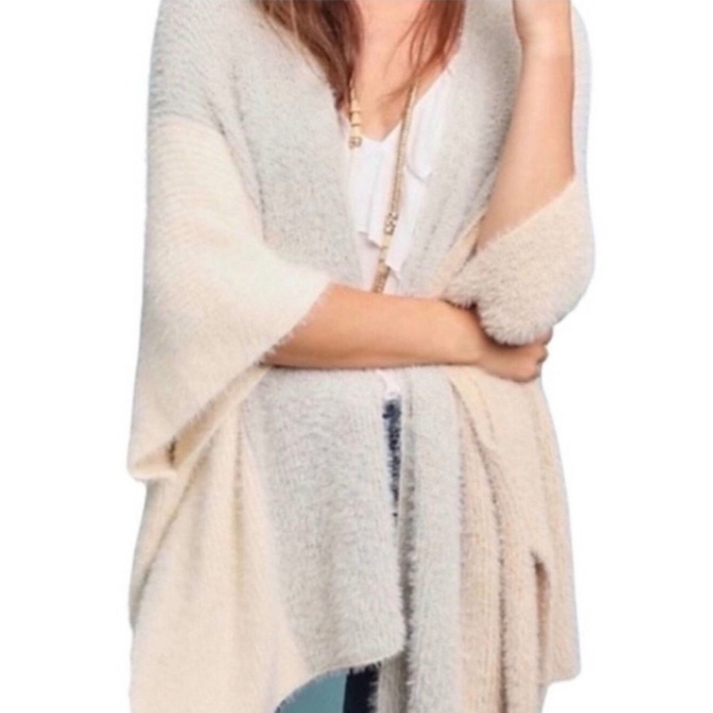 Saturday Sunday Anthropologie Colorblock Fuzzy Knit Poncho Cardigan Grey Cream